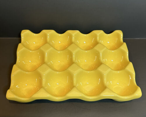 Bright Yellow Ceramic Egg Tray 12 Cup 1 Dozen Holder Container Serving Dish - Picture 1 of 8