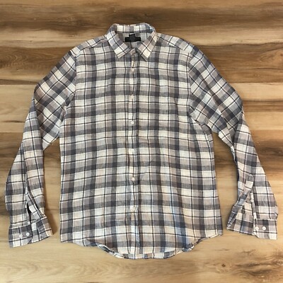 Bloomingdales Shirt Mens Large 100% Linen Gray Plaid Long Sleeve Button Up