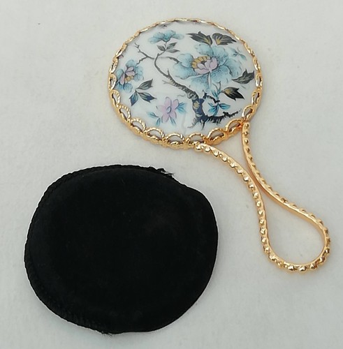 Vintage Limoges France Porcelain Hand Handbag Mirror Blue Blossom Flowers - Picture 4 of 7