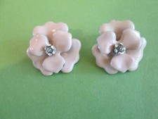 Silver tone back pretty pink enamel  crystal centers pierced flower earrings