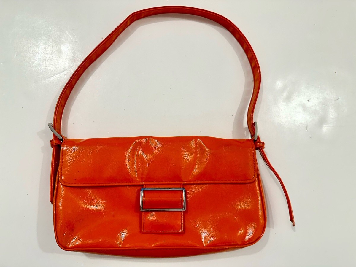 【U LAN】vintage zipper pocket shoulder bag Vintage Y2K Shoulder Bag Orange Faux Patent Leather Slim
