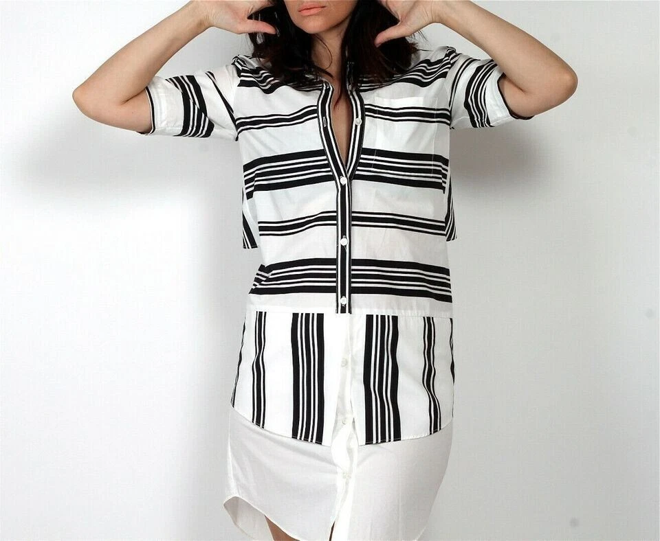 Mini Camisa Vestido Derek Lam 10 Crosby Blanco Rayas Manga Corta Algodón 4 Foto 3 de 4