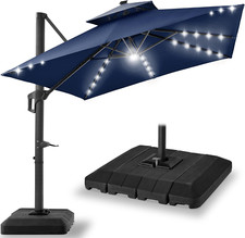 Navy Blue 10x10ft Cantilever Patio Umbrella with Solar LED Lights Base