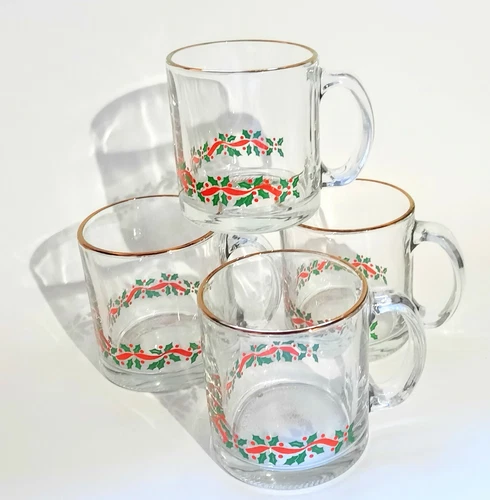 4 Libbey USA Clear Glass Christmas Holiday Mugs w Gold Trim & Holly Berries