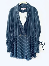 Free People Stella Blazer Linen Blend Blue White Stripe Boho Frayed Hem Small