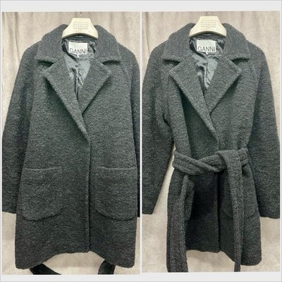 GANNI WOOL BLEND BOUCLE BELTED WRAP COAT GREY CHARCOAL SIZE 40 MED COAT JACKET