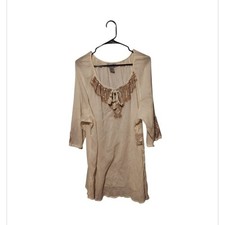 Catherines Boho Peasant Embroidered Beaded Top Tunic 2X Cream Beachy Coastal