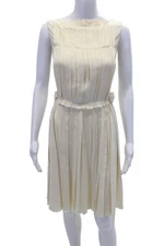Nina Ricci Womens Back Zip Sleeveless High Neck Pleated Silk Dress White FR 36