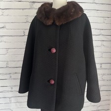 Vintage 1950s Women  s Mink Fur Collar Swing Coat Wool ILGWU USA Car Coat L