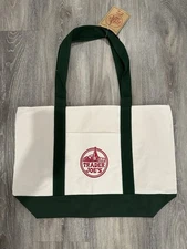 Trader Joe's - Large Green/White Canvas Tote Reusable Bag 20 x 14 x 6" IN HAND