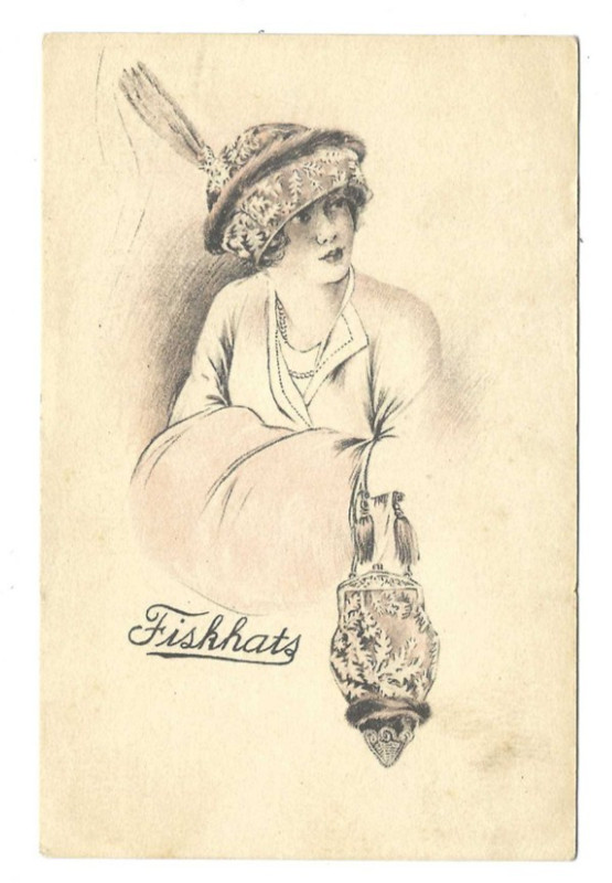 1914 Postcard Fiskhats Hats Millinery Fashion Style Woman Intricate Hat & Purse