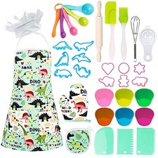 Kids Baking Chef Set 35 Pcs with Dinosaur Apron and Mitt, Cooking Chef Dress