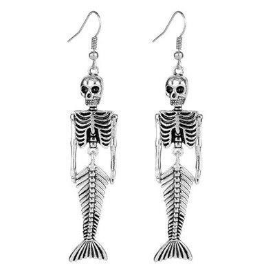 Silber versilbert Vintage menschliches Skelett Knochen und Meerjungfrau Schädel Charm Ohrhänger