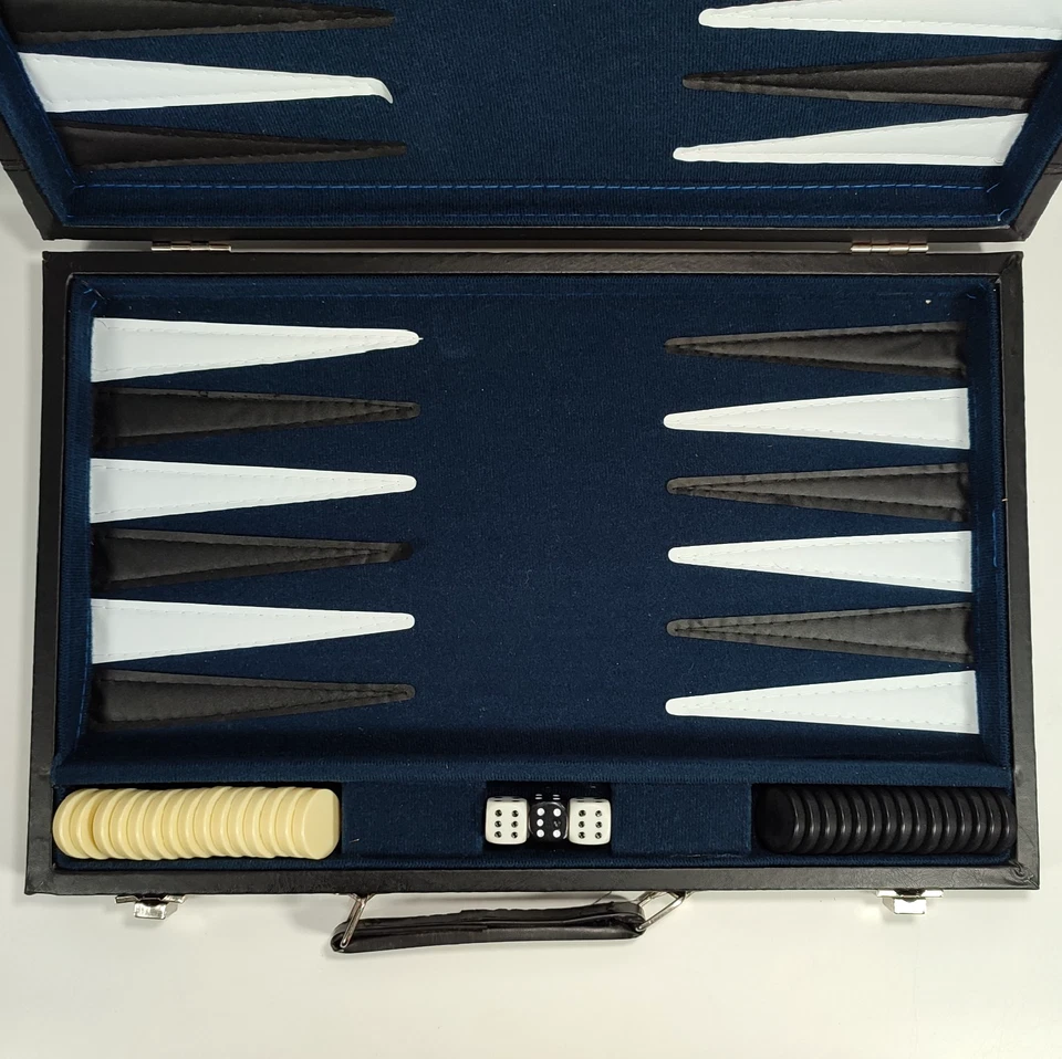 Vintage Backgammon Set in Case Faux Leather Briefcase Black White Blue - Image 2 of 4