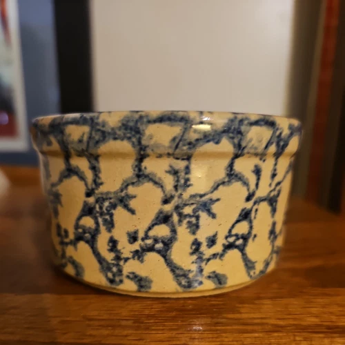 Vtg Roseville RRP Pottery Blue Spongeware Ramekin Dish boho cottage core