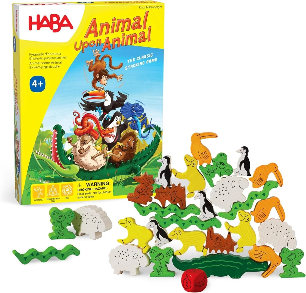 HABA Piramide Di Animali Junior - Gioco In Legno Per Bambini 2+ - 3 Giochi Di Abilità E Impilamento - 3
