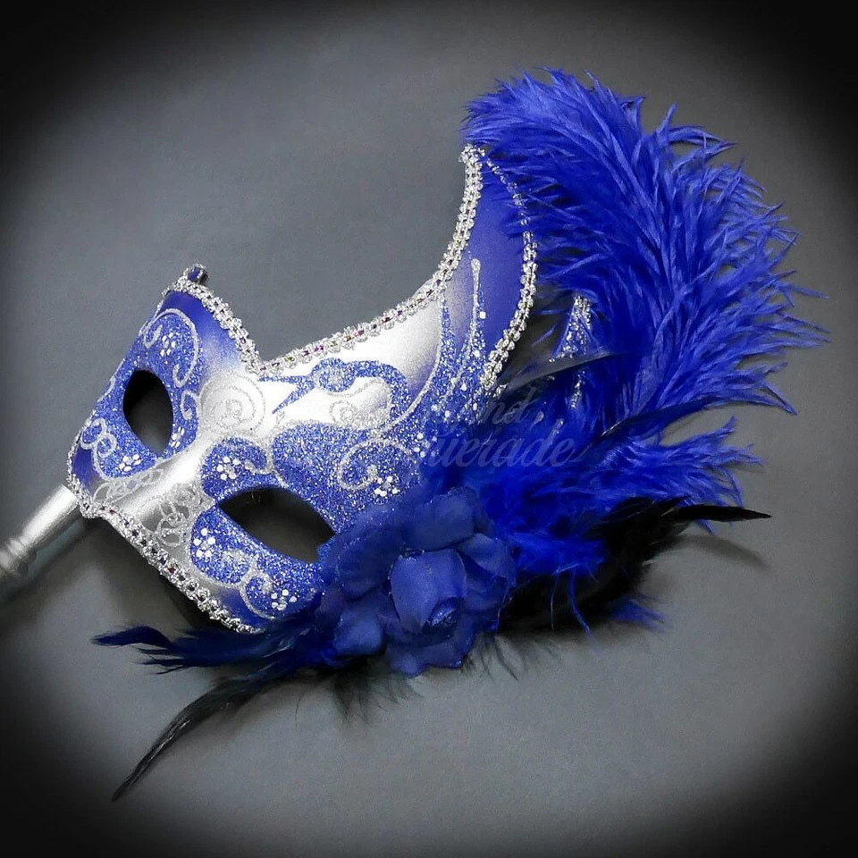 Handheld Stick Mask | Feather Masquerade Mask Blue Silver - Image 4 of 4