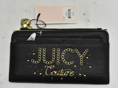 Juicy Couture Lime Light Black Zip Clasp Wallet Gold Chain Accent Leather