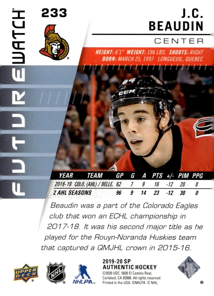 J.C. Beaudin - 2019-20 UD SP Authentic Future Watch /999 Rookie Card #233 - Image 2 of 2