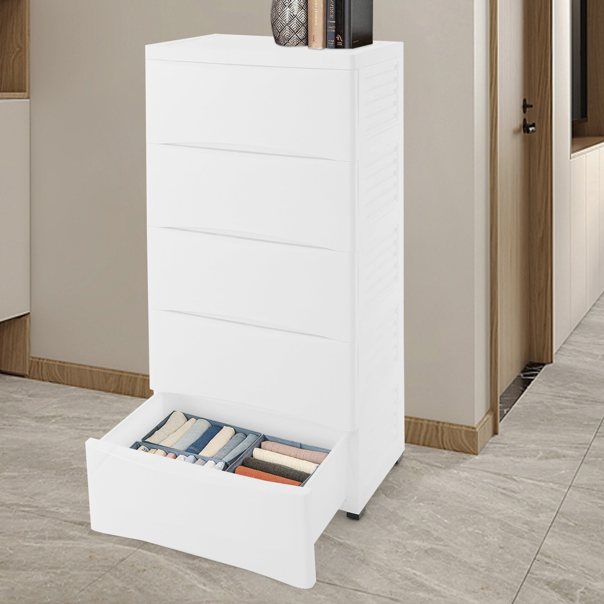 White 5-tier Freestanding Dresser Storage Dresser for Bedroom with Wheels White 5-tier Freestanding Dresser Storage Dresser for Bedroom with Wheels