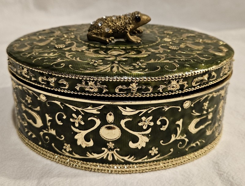 Jewelry  Box With Frog On Top. Oval Shaped with Gold Gilt Guilloche Finish.