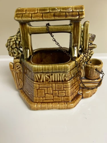 Vintage 1950 McCoy Pottery Wishing Well Planter Brown & Green Original Chain USA