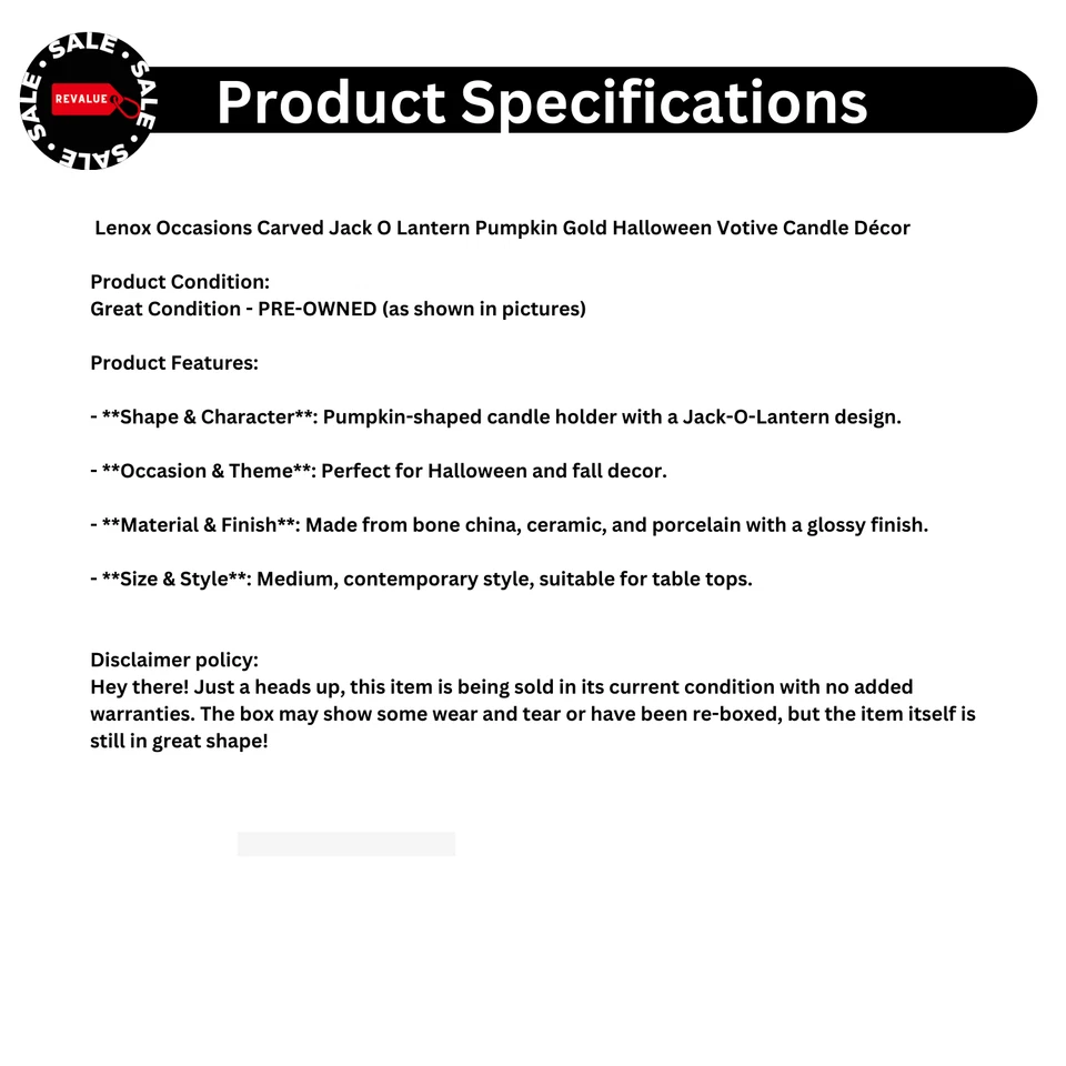 Lenox Ocasiones Tallado Jack O Linterna Calabaza Dorado Halloween Vela Votiva Decoración Foto 2 de 4