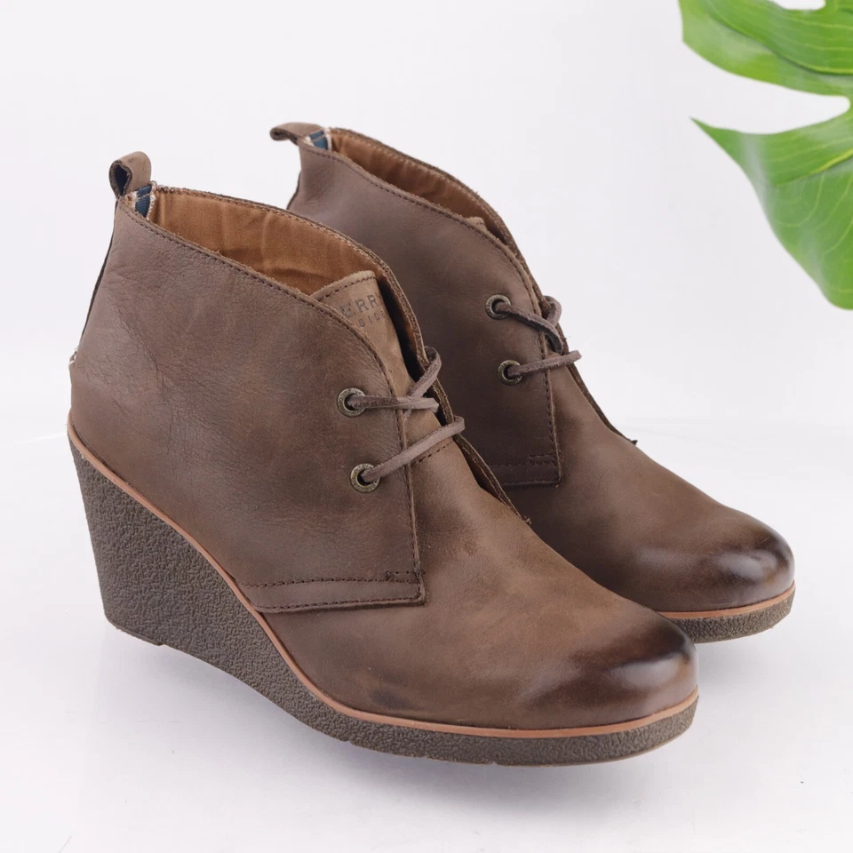 Bota Sperry Harlow para mujer talla 10 tacón de cuña con cordones cuero marrón botín bohemio Foto 2 de 4