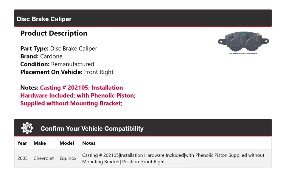 Pinza de freno de disco delantera derecha Cardone para Chevrolet Equinox 2005 Foto 2 de 4