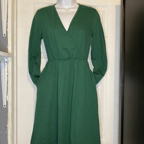STYLEWORD V-Neck Long Puff Sleeve Swing Midi Dress Women Small Green W/Pockets - Picture 6 of 21