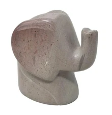 Hand Carved Soapstone Elephant Figurine Gray Polished Hints of Rose Pink 4 inch