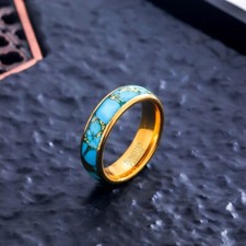 Anello donna uomo tungsteno turchese blu semplice 6 mm lamina oro fede nuziale comodo