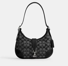 Coach Hamptons Hobo Bag In Crystal Signature Jacquard Silver Black - New