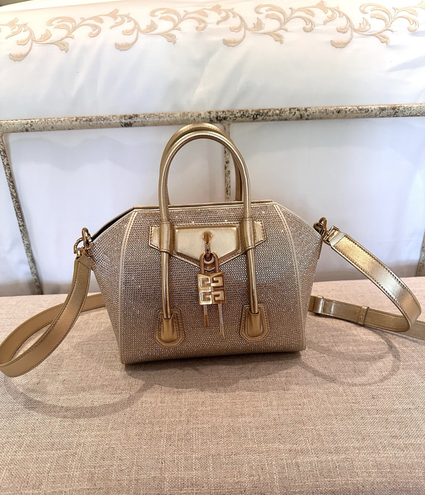 Givenchy Antigona Lock Small Metallic Gold Top Handle Satchel Zip Dust Bag
