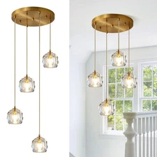 Gold Crystal Pendant Light Mid Century Modern 4-Lights Cluster Pendant Lighti...