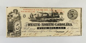 Notrh Carolina 5 Dollar 1862 Civil War Treasury Note