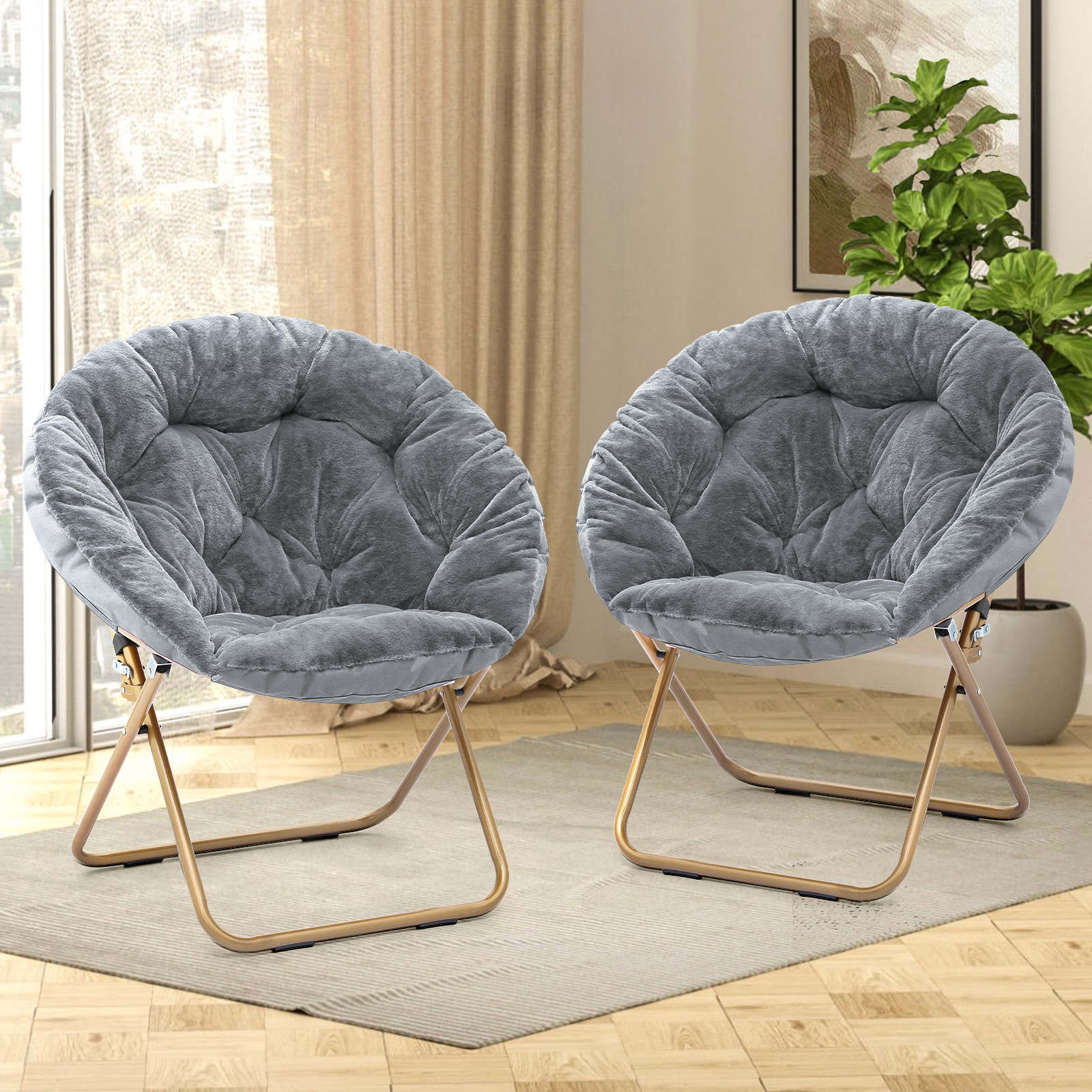 2 Pcs Round Foldable Saucer Chair Grey Soft Faux Fur Oversized Lounge Moon Seat
