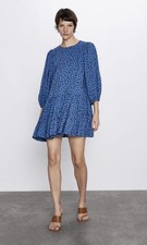 Zara Blue Leopard Smock Mini Dress Size Small 8 10 Balloon Sleeve Tiered RRP$120