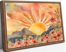 Framed Boho Sun Canvas Wall art Mid-Century Modern Abstract Bohemian Sunset i...