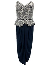 VTG 90s Fabrice Sihlouette Navy Blue & White Beaded Peplum Tulip Dress Women’s 6