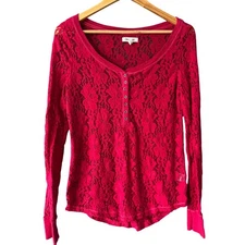 Aeropostale Shirt Womens L Red Lace Long Sleeve Henley Semi Sheer Y2K Romantic
