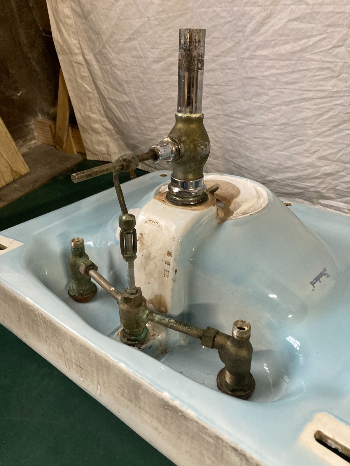 Antique 28x22 Light Blue Ceramic Pedestal Sink Old Vtg Standard 422-25E