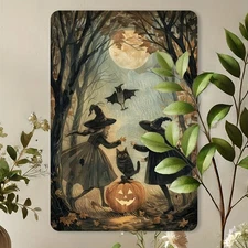 Vintage Halloween Witches Black Cat Metal Sign Spooky Forest Pumpkin Wall Decor