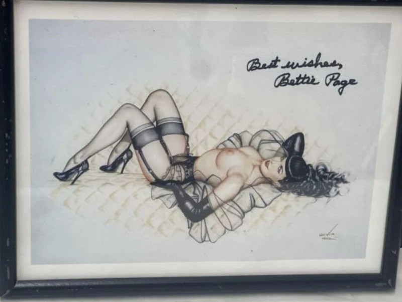 Bettie Page signed Olivia Berardinias Framed LITHO. "Crackers In Bed"