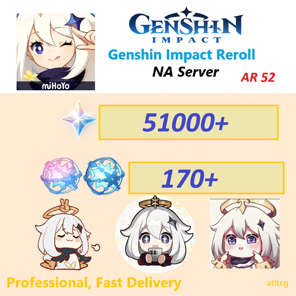 Genshin Impact (NA) Reroll 51000 Primogem + 170Wishes 490+ Pulls