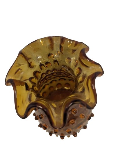 Vintage Empoli Hobnail Seed Pod Art Glass Italian Split Rim Vase 6" #153 Amber - Picture 2 of 4