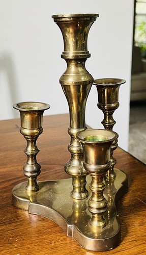 Vintage Heavy Shiny Brass 4 Piece Adjustable Candle Triangle Candelabra 8” H