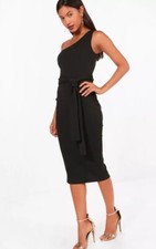 boohoo one shoulder midi dress UK 12 womens black belted evening party
