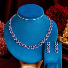 Rainbow Cubic Zirconia Mystical Oval Necklace Earring Silver Plated Jewelry Set