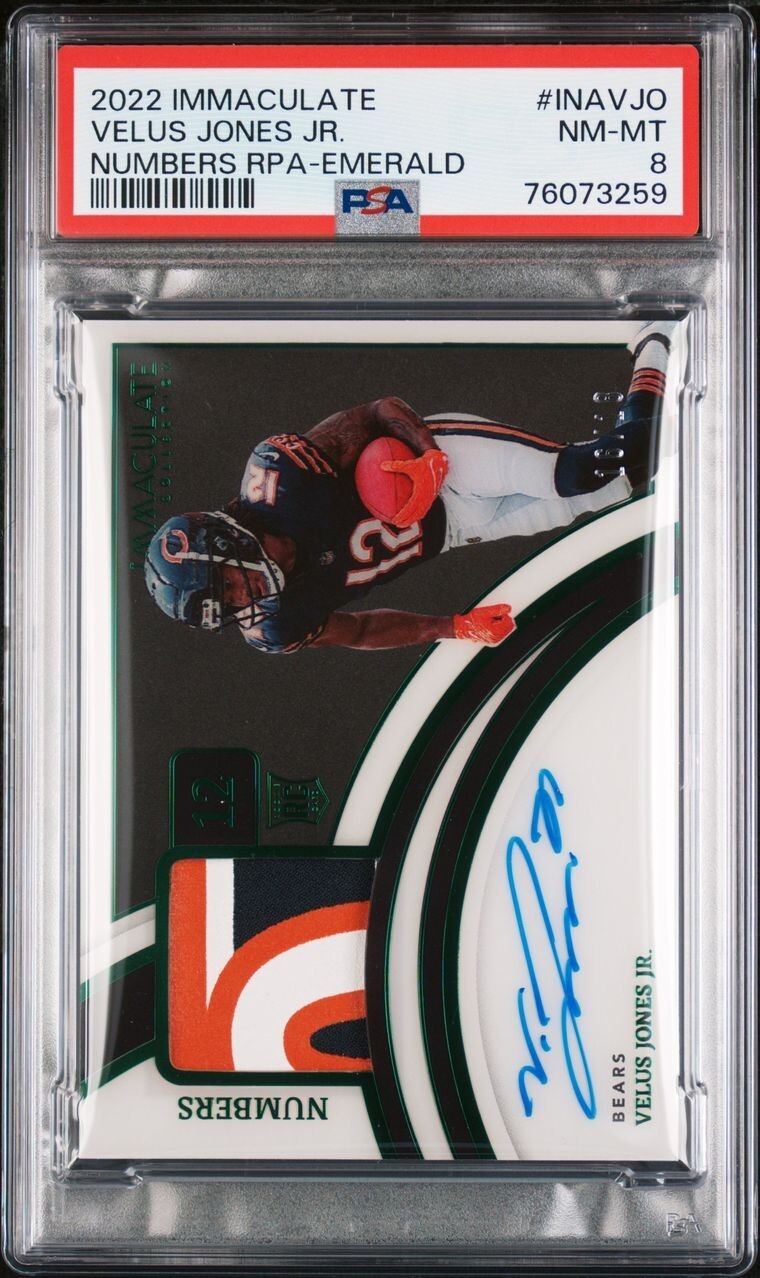 Velus Jones Jr. Panini Immaculate Collection Immaculate Numbers Rookie Patch Autographs #INAVJO Emerald